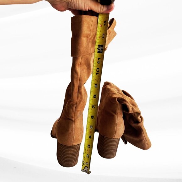 Report Tariq Tall Shaft Faux Suede Bootie Tan Block Heel Slip On/Pull Tab Size 9 - Picture 6 of 16